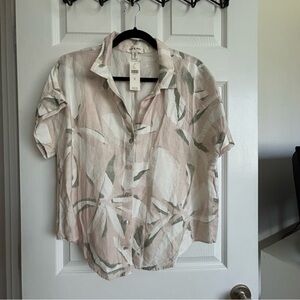 Cloth & Stone Cream and Green Leaf Print Shirt